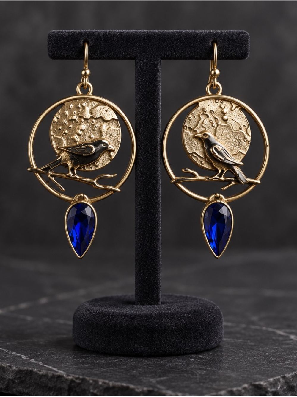 Fashion Jewelry Gold Tone Bird Hoop Earrings with Sapphire Blue Teardrop